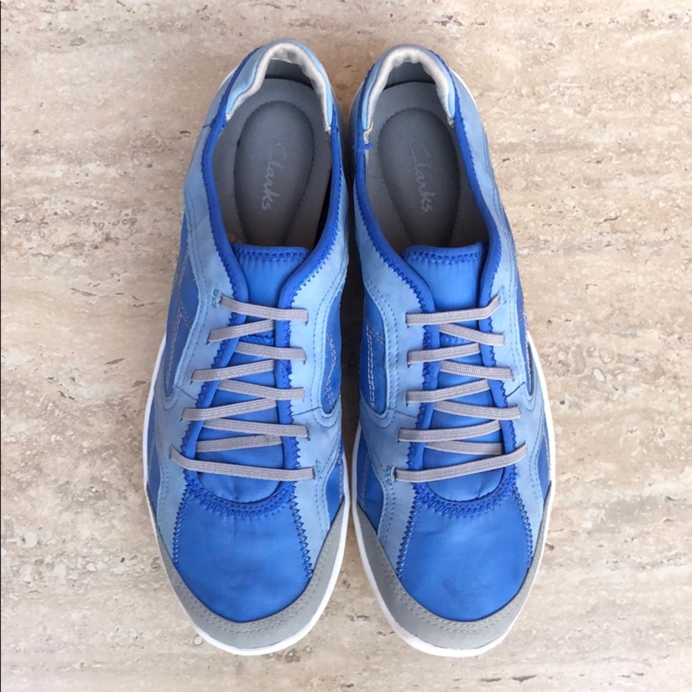 CLARKS Blue & Gray Elastic Laces Lightweight Airy Comfy Walking Shoes Sz 9 EUC - Picture 8 of 11